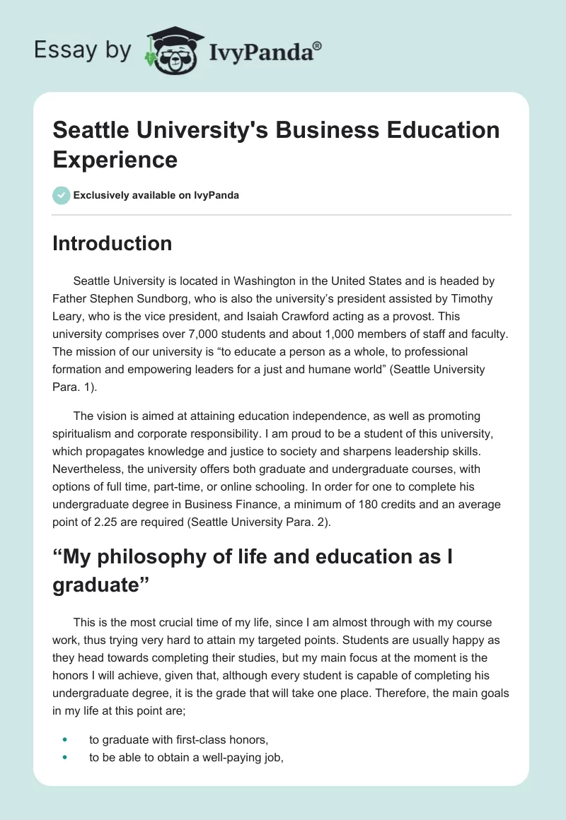 Seattle University's Business Education Experience. Page 1