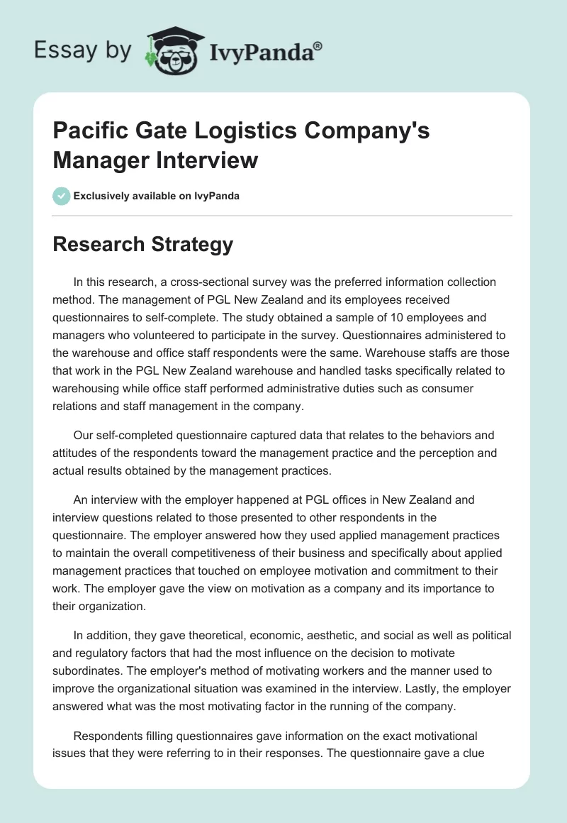 Pacific Gate Logistics Company's Manager Interview. Page 1