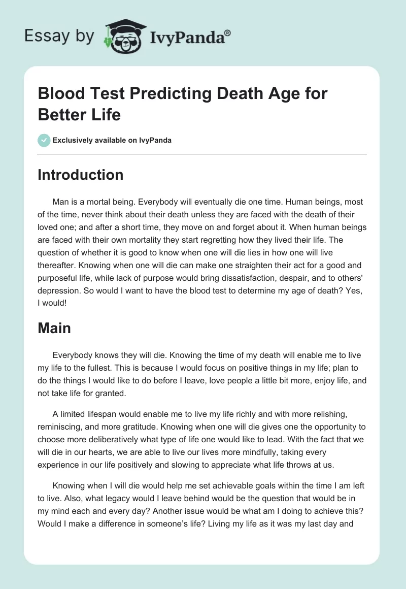 Blood Test Predicting Death Age for Better Life. Page 1