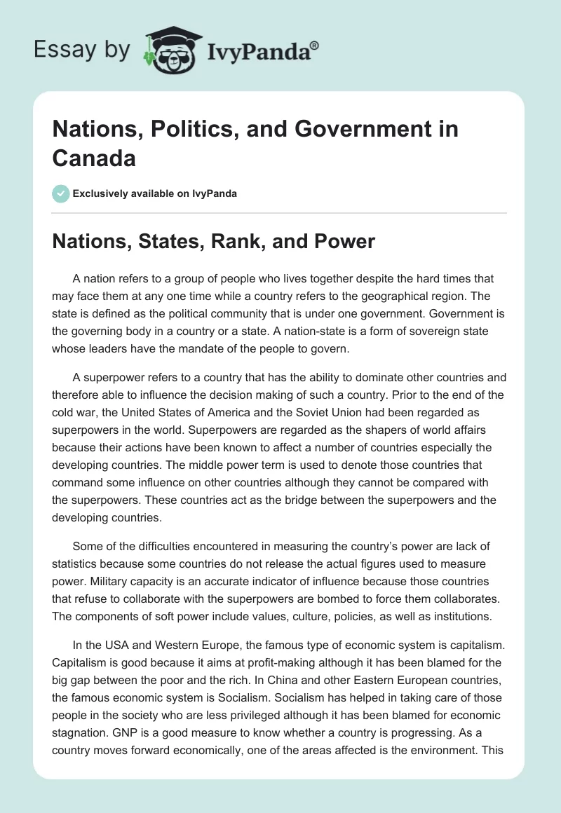 Nations, Politics, and Government in Canada. Page 1