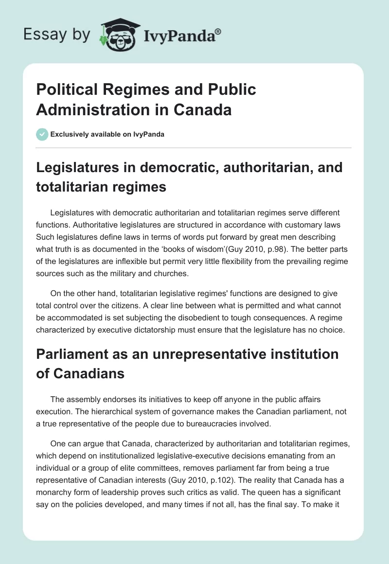Political Regimes and Public Administration in Canada. Page 1