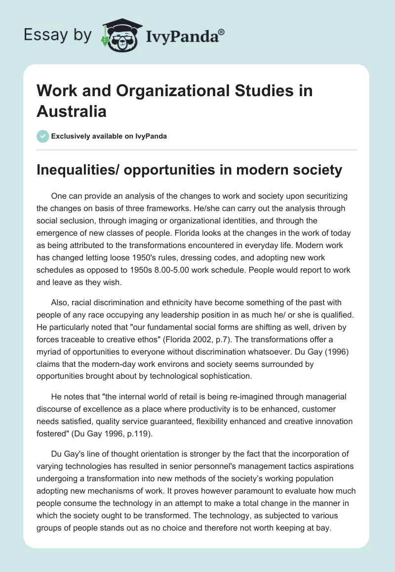 Work and Organizational Studies in Australia. Page 1
