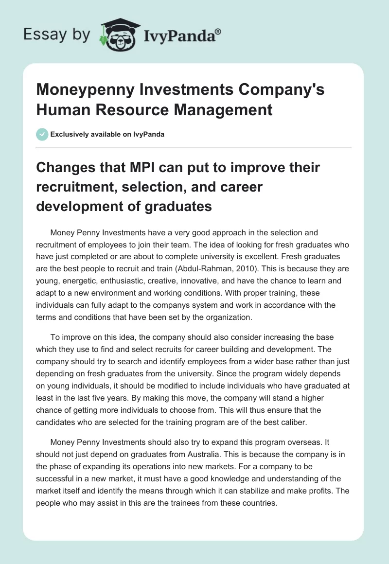 Moneypenny Investments Company's Human Resource Management. Page 1