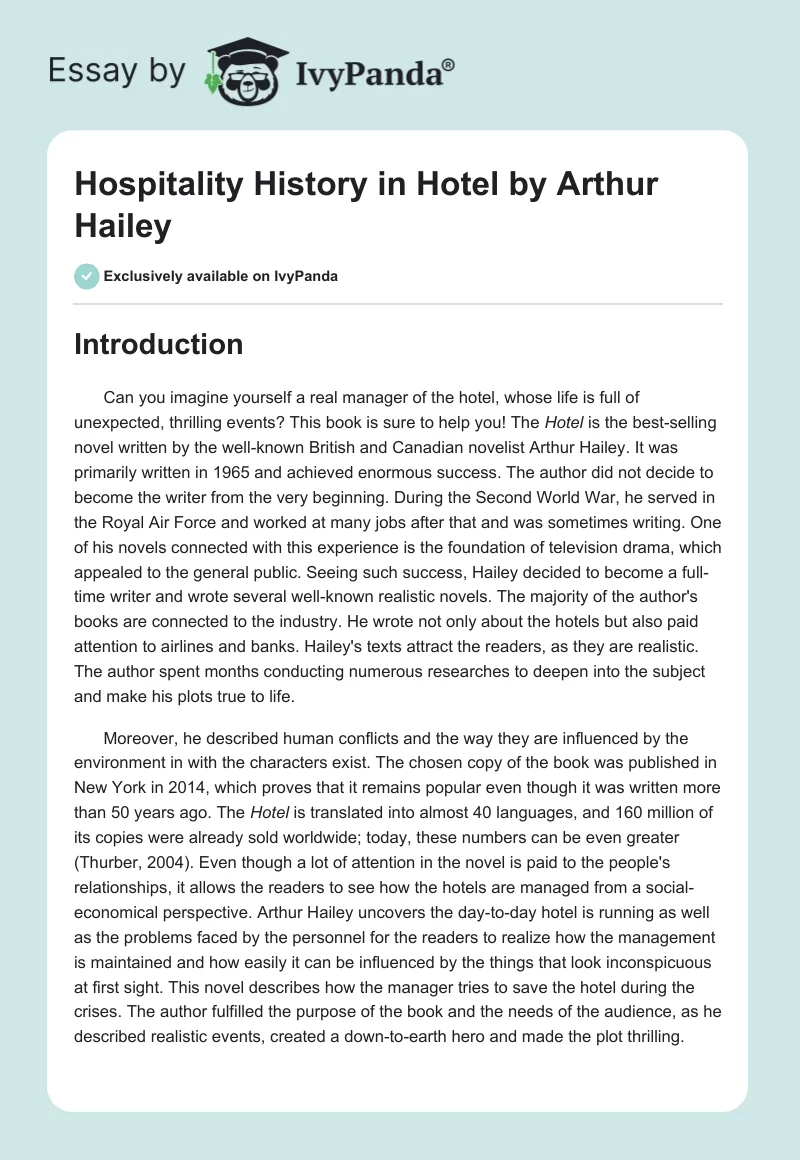 Hospitality History in "Hotel" by Arthur Hailey. Page 1