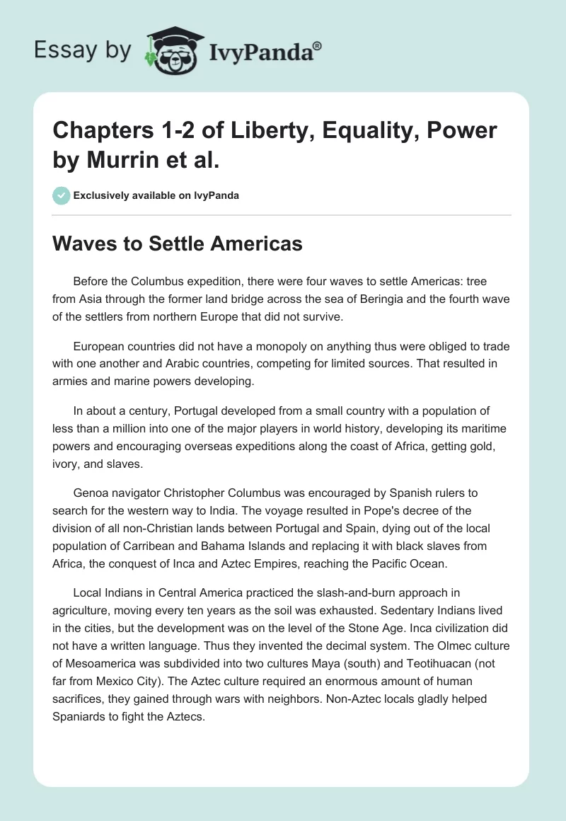 Chapters 1-2 of "Liberty, Equality, Power" by Murrin et al.. Page 1