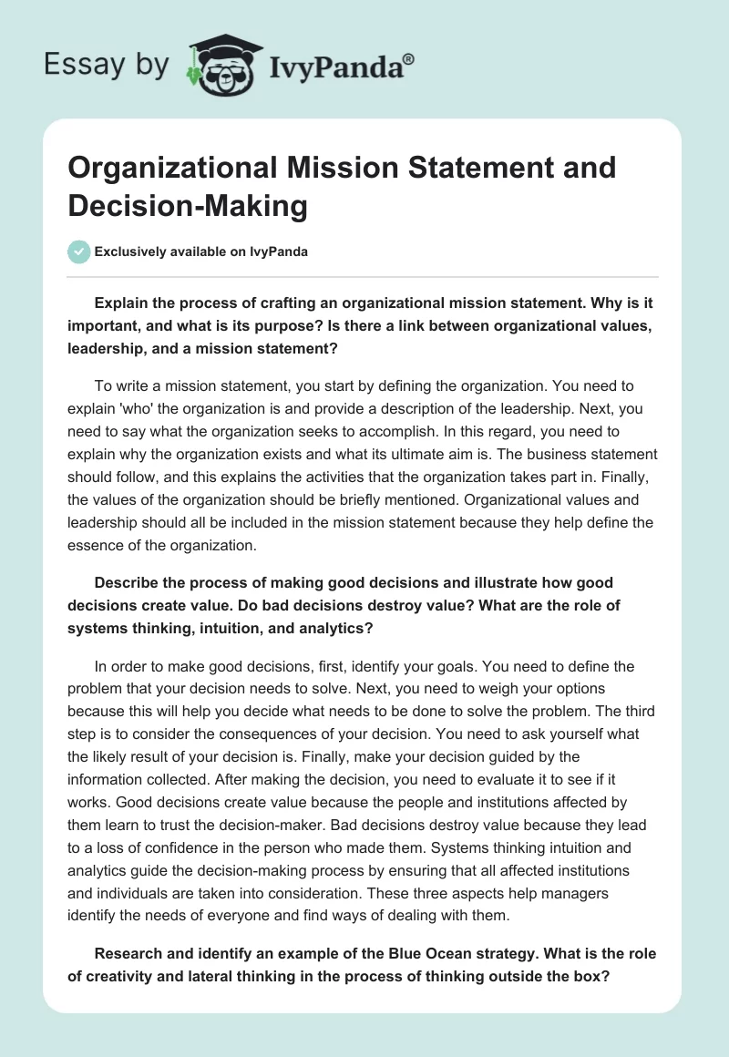 Organizational Mission Statement and Decision-Making. Page 1