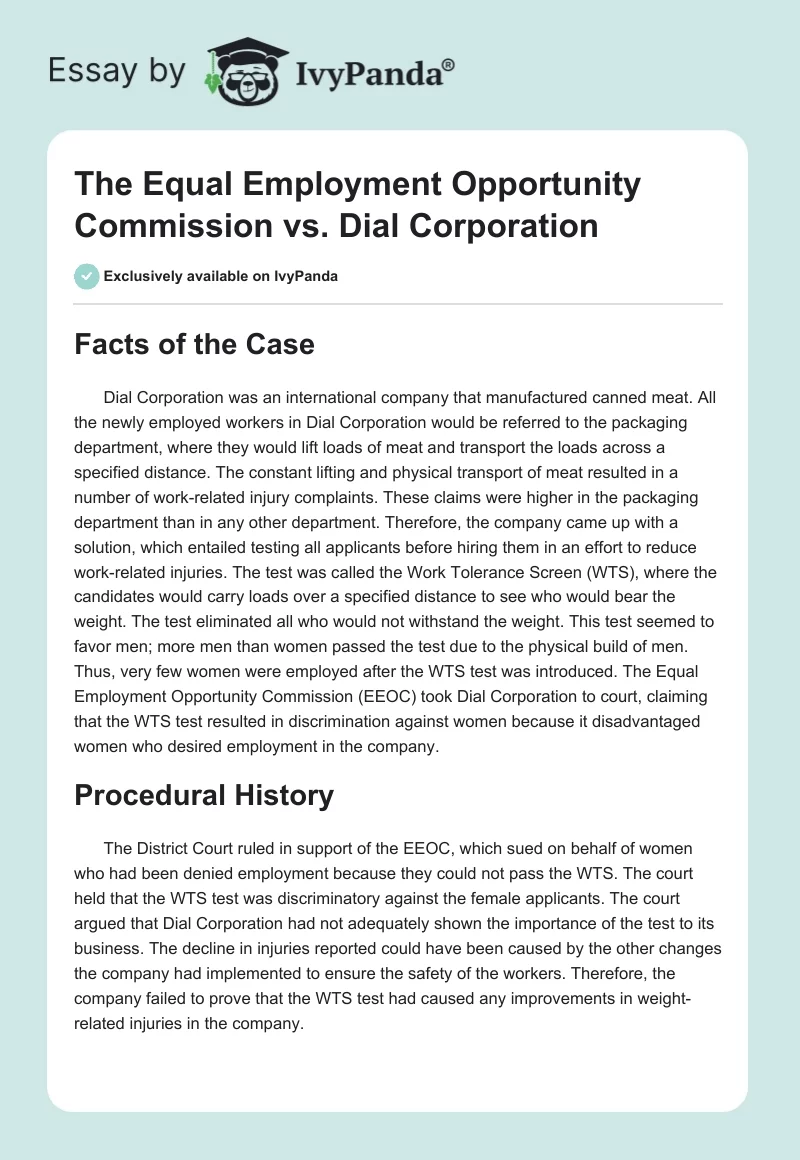 The Equal Employment Opportunity Commission vs. Dial Corporation. Page 1