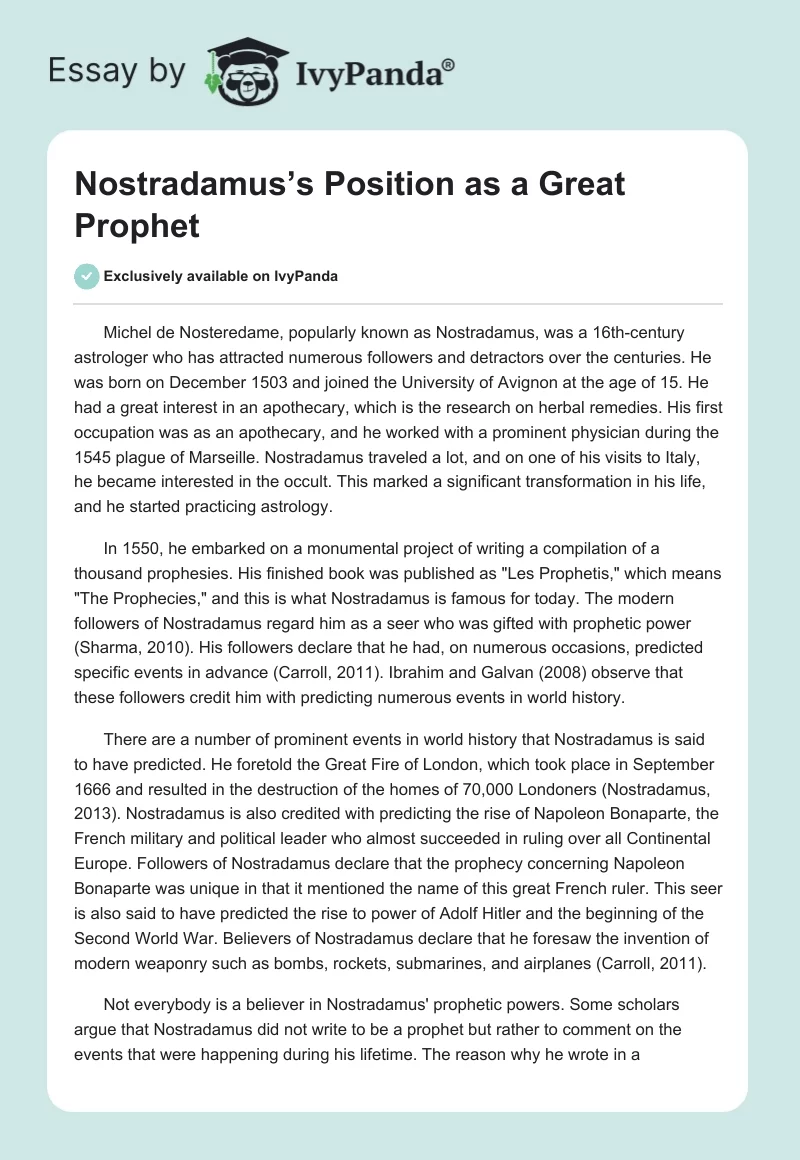 Nostradamus’s Position as a Great Prophet. Page 1