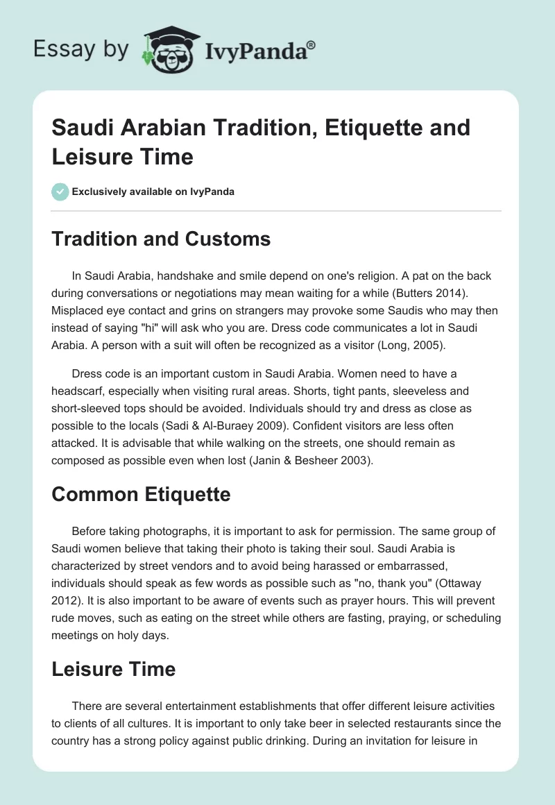 Saudi Arabian Tradition, Etiquette and Leisure Time. Page 1