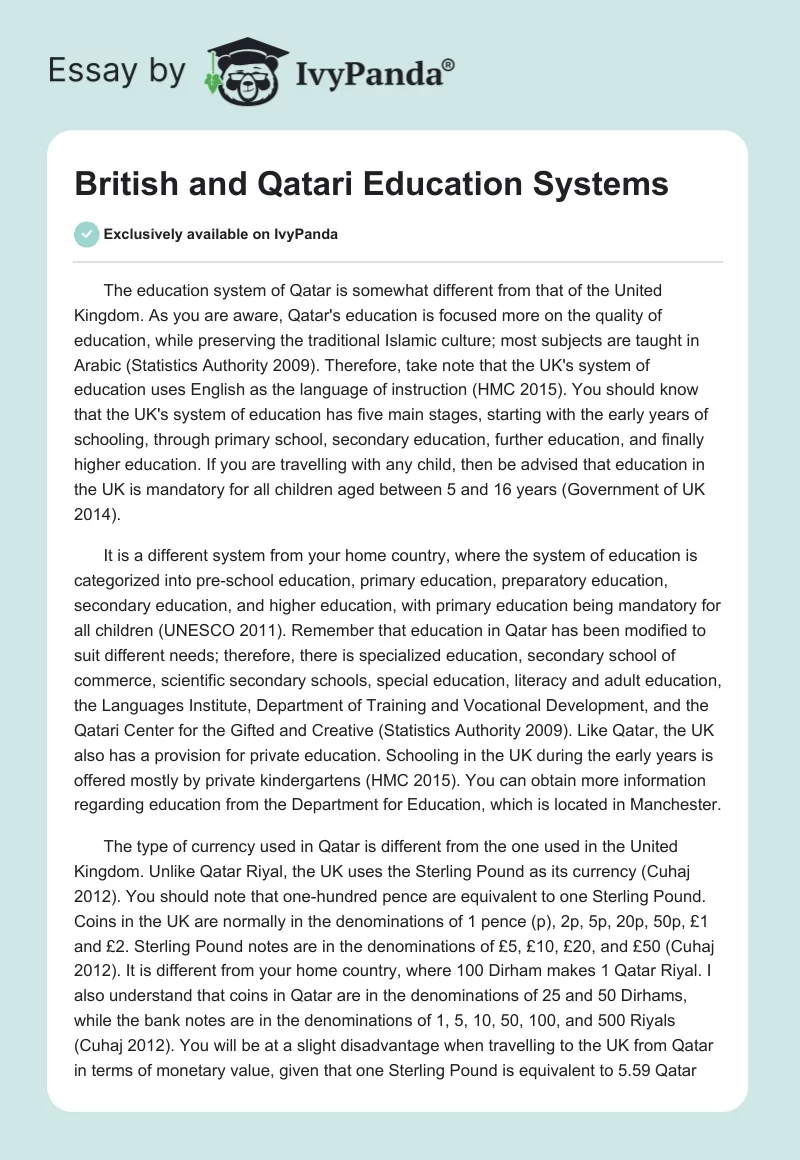 British and Qatari Education Systems. Page 1