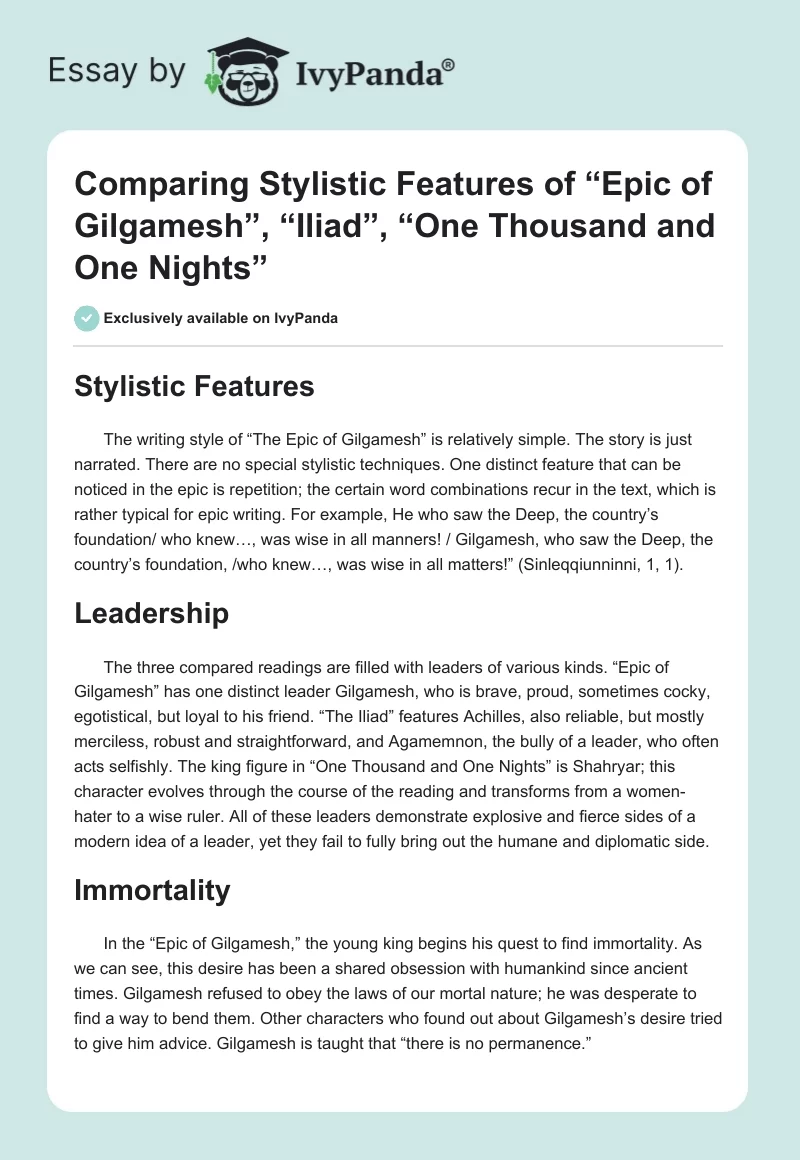 Comparing Stylistic Features of “Epic of Gilgamesh”, “The Iliad”, “One Thousand and One Nights”. Page 1