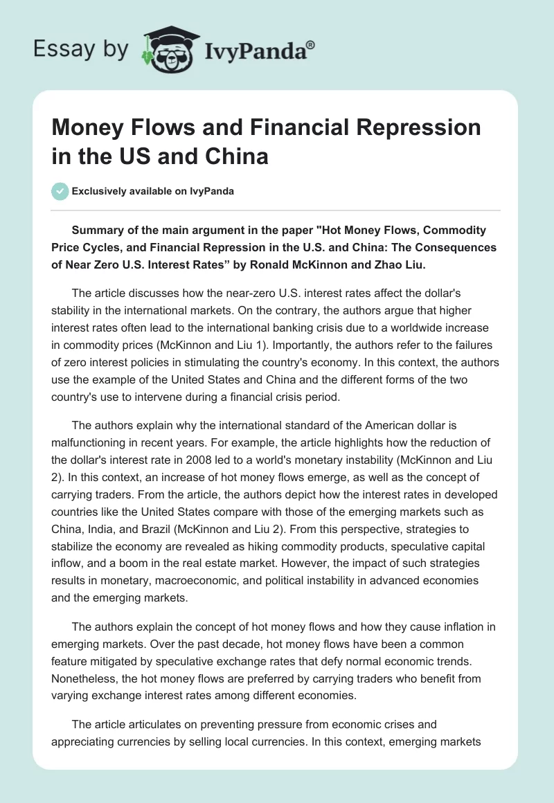 Money Flows and Financial Repression in the US and China. Page 1