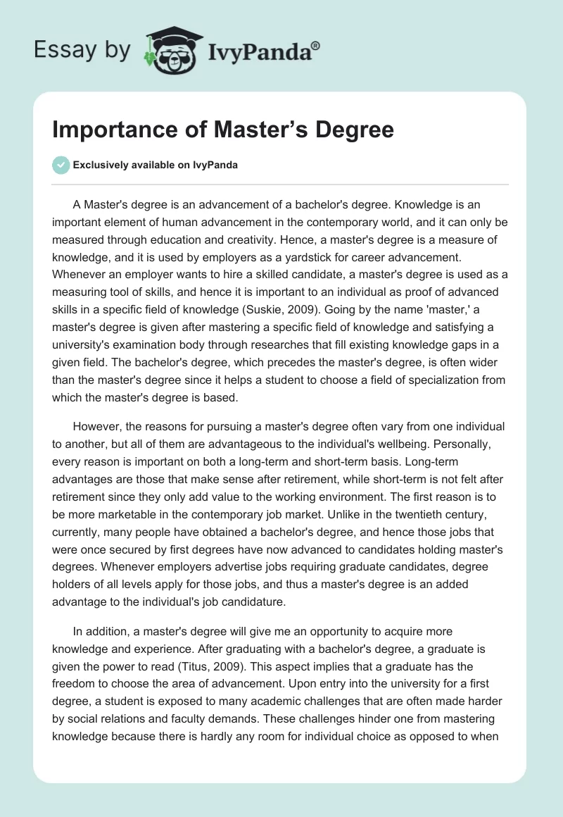 Importance of Master’s Degree. Page 1
