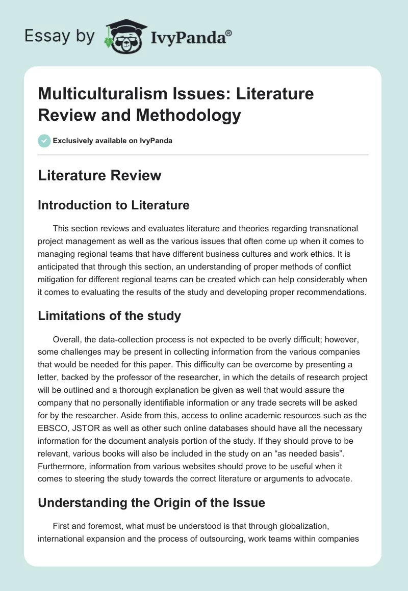 Multiculturalism Issues: Literature Review and Methodology. Page 1