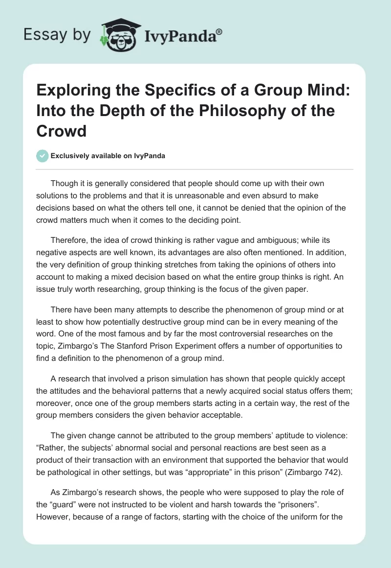Exploring the Specifics of a Group Mind: Into the Depth of the Philosophy of the Crowd. Page 1