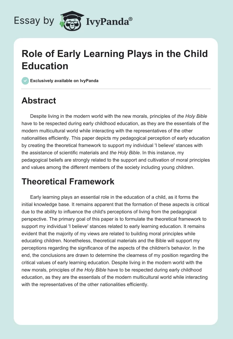 Role of Early Learning Plays in the Child Education. Page 1