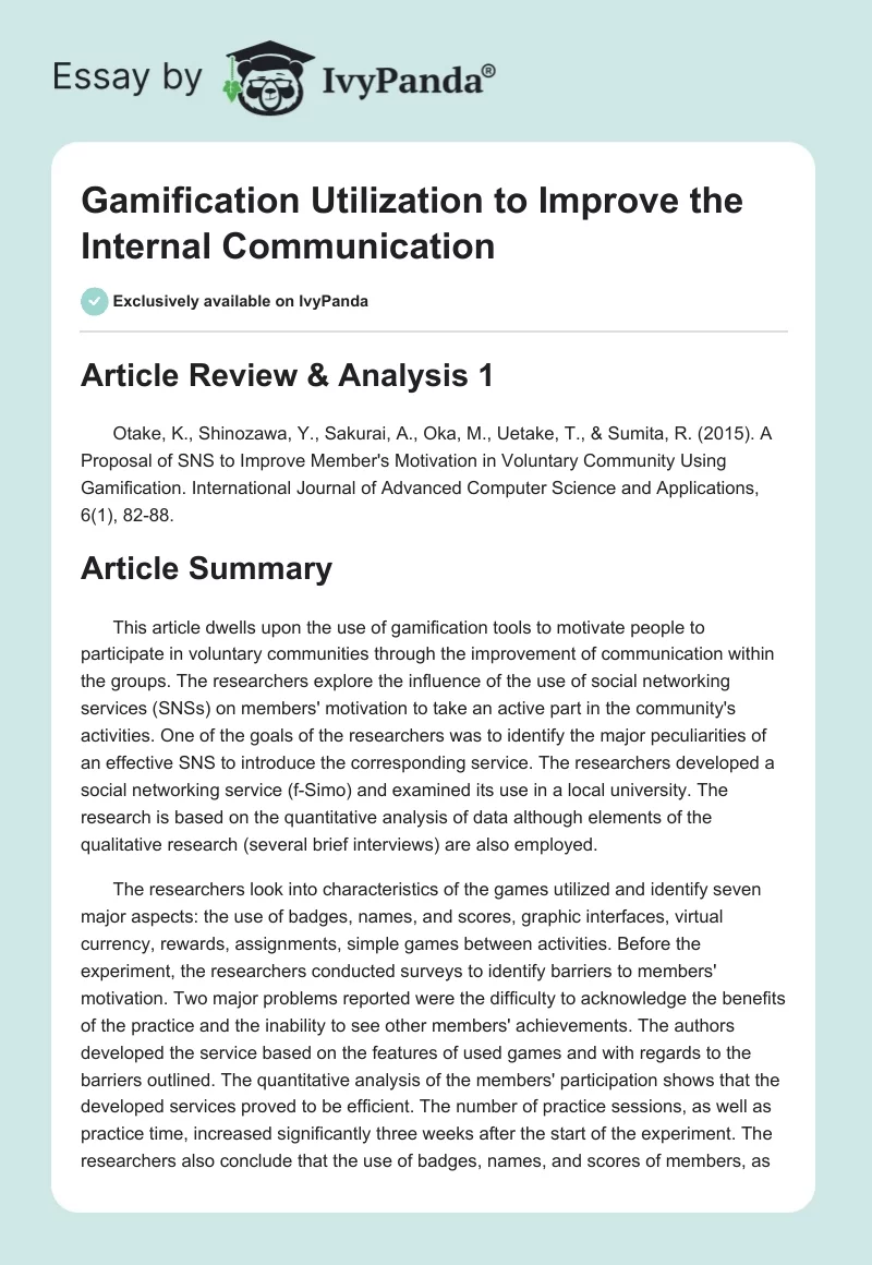 Gamification Utilization to Improve the Internal Communication. Page 1