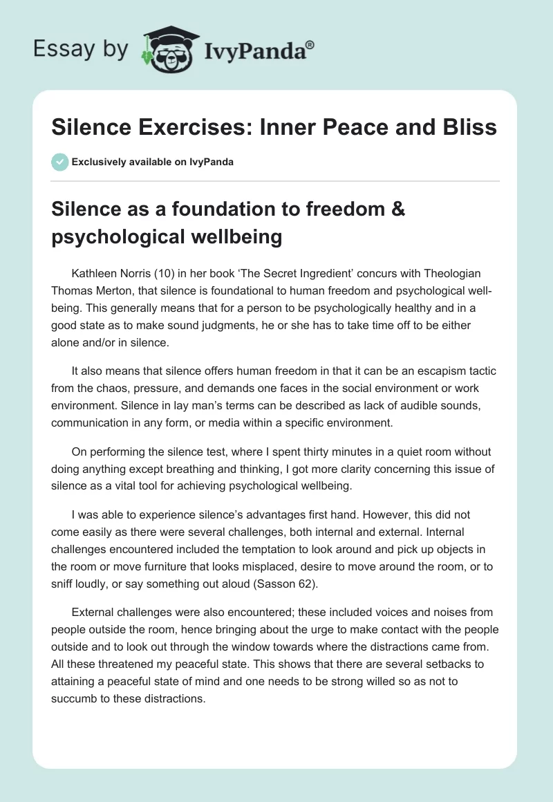 Silence Exercises: Inner Peace and Bliss. Page 1