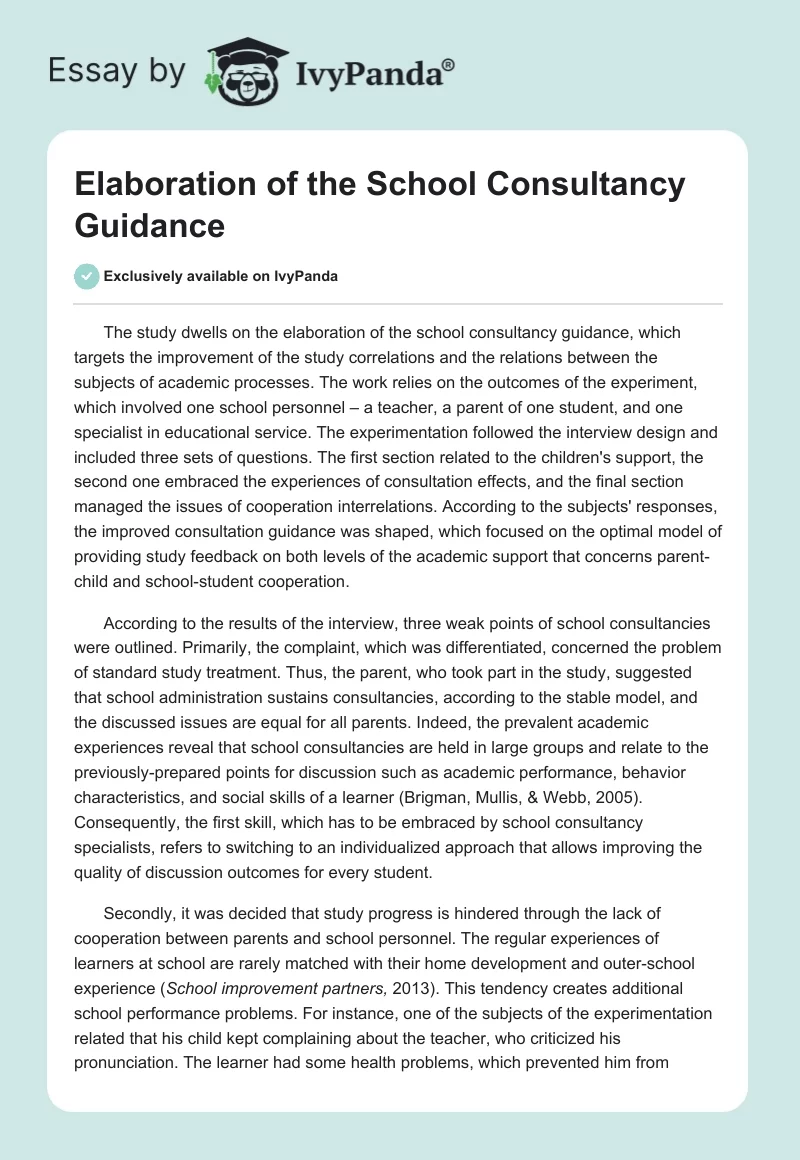 Elaboration of the School Consultancy Guidance. Page 1