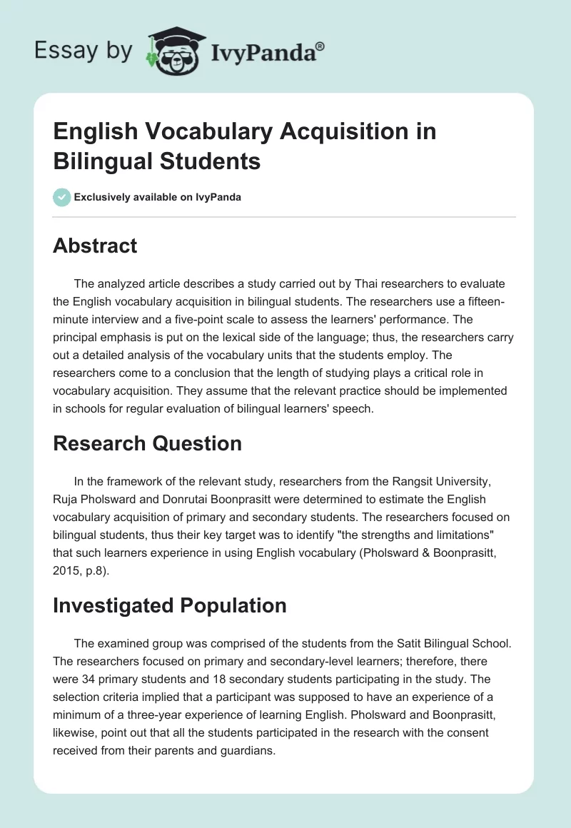 English Vocabulary Acquisition in Bilingual Students. Page 1