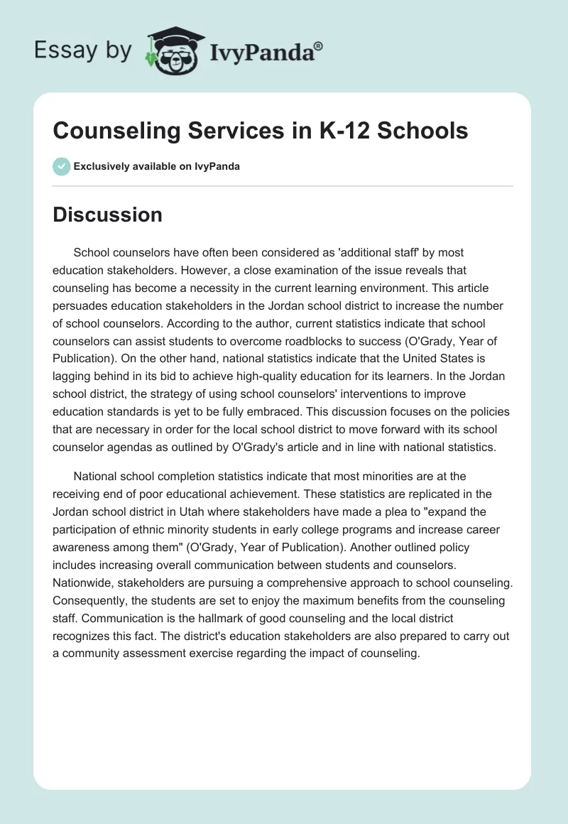 Counseling Services in K-12 Schools. Page 1
