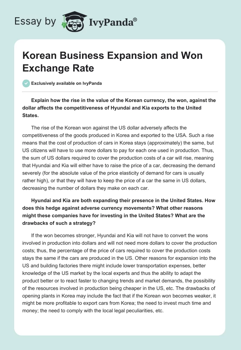 Korean Business Expansion and Won Exchange Rate. Page 1