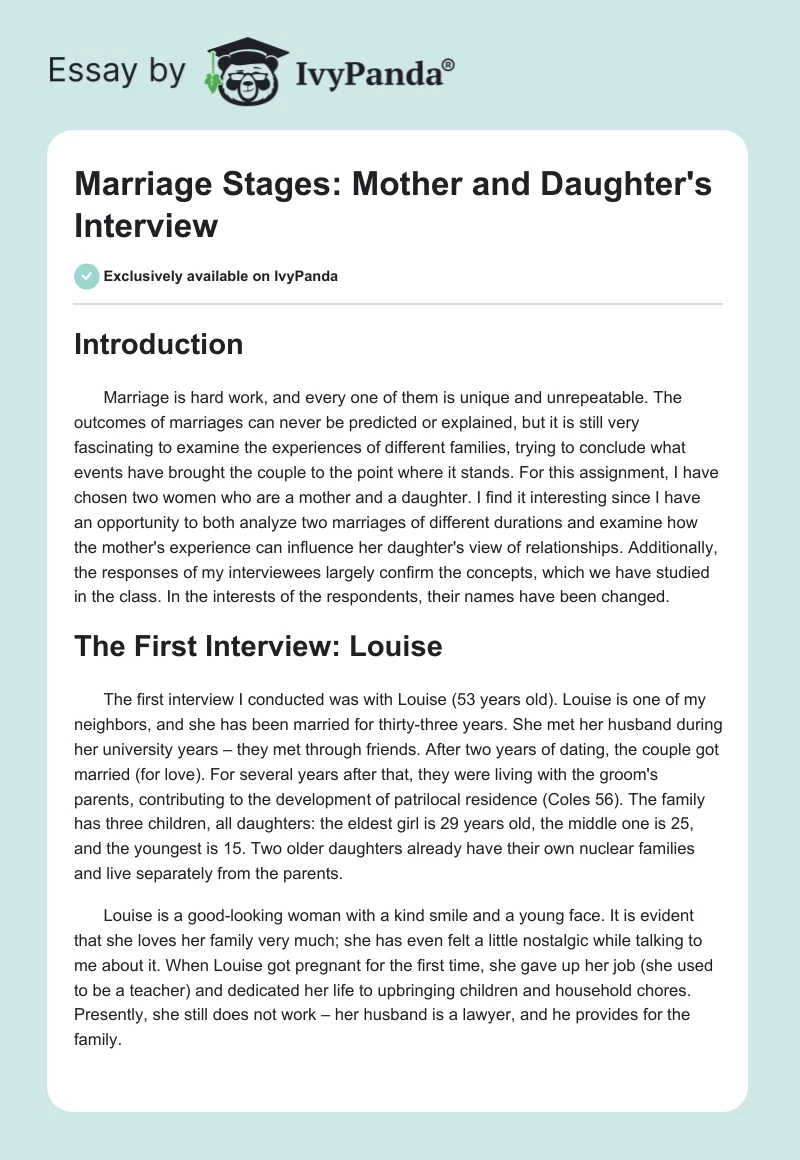 Marriage Stages: Mother and Daughter's Interview. Page 1