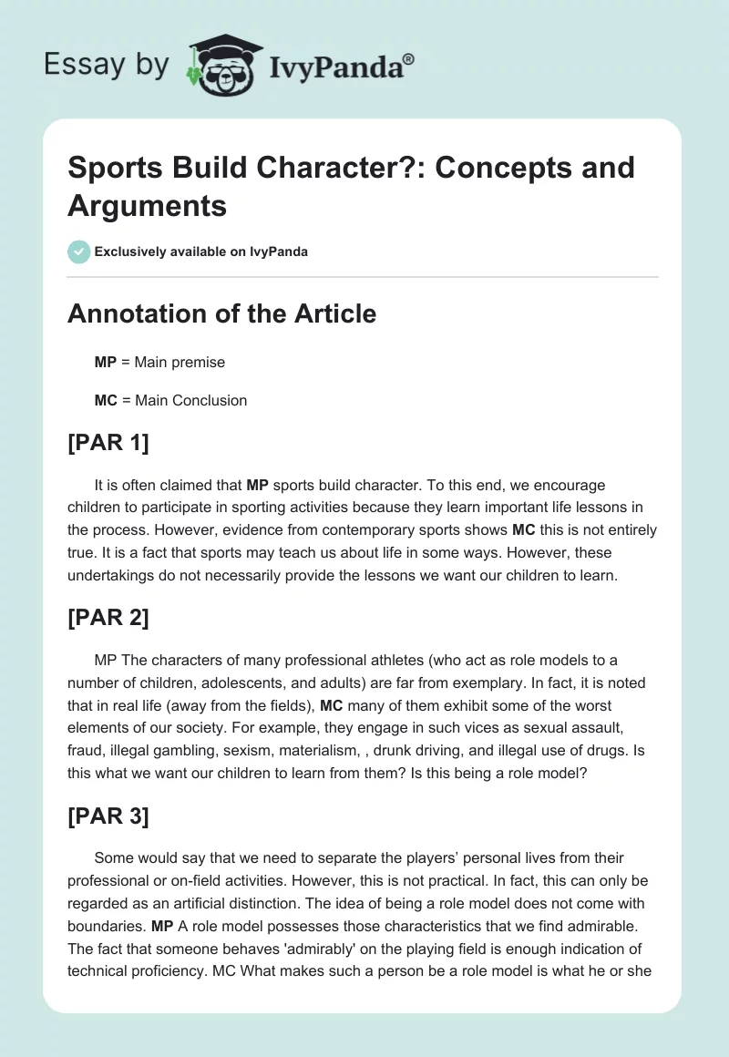 "Sports Build Character?": Concepts and Arguments. Page 1
