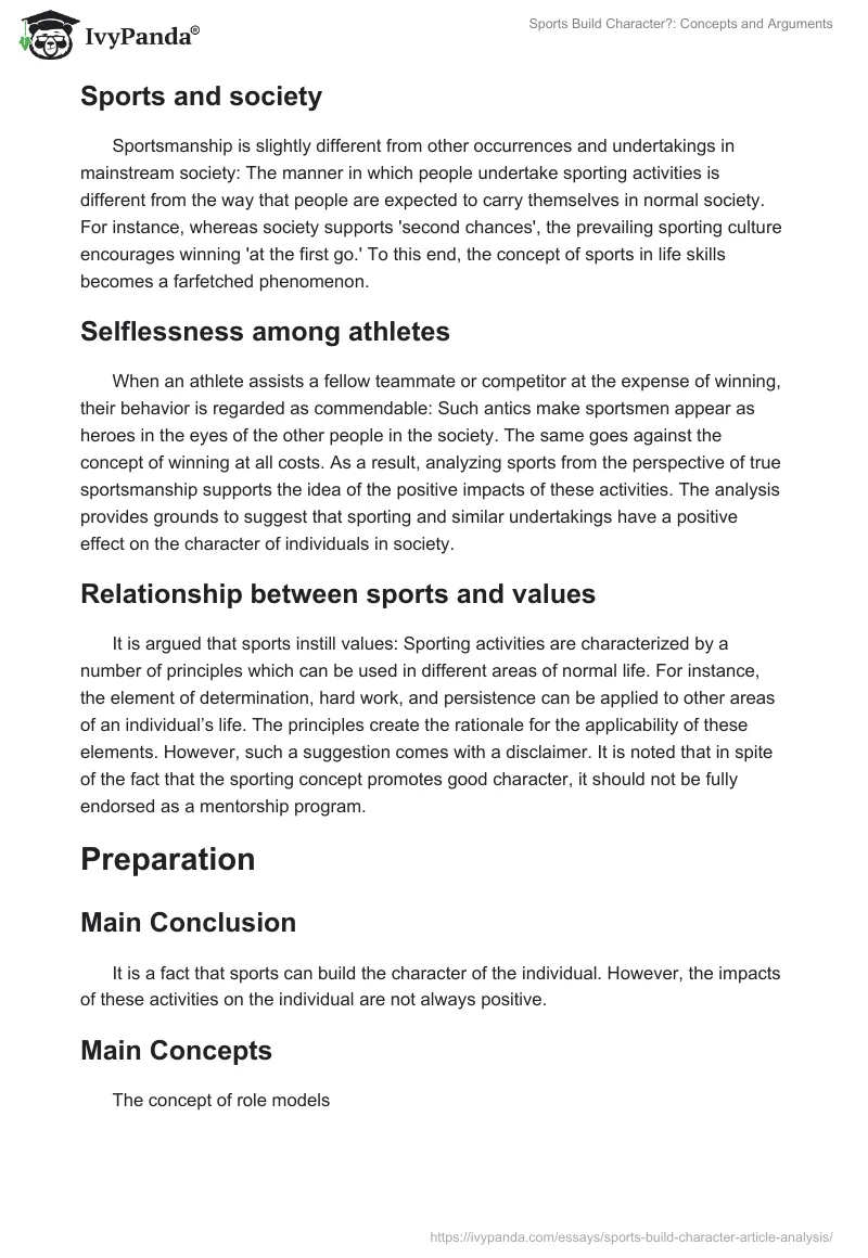 "Sports Build Character?": Concepts and Arguments. Page 4