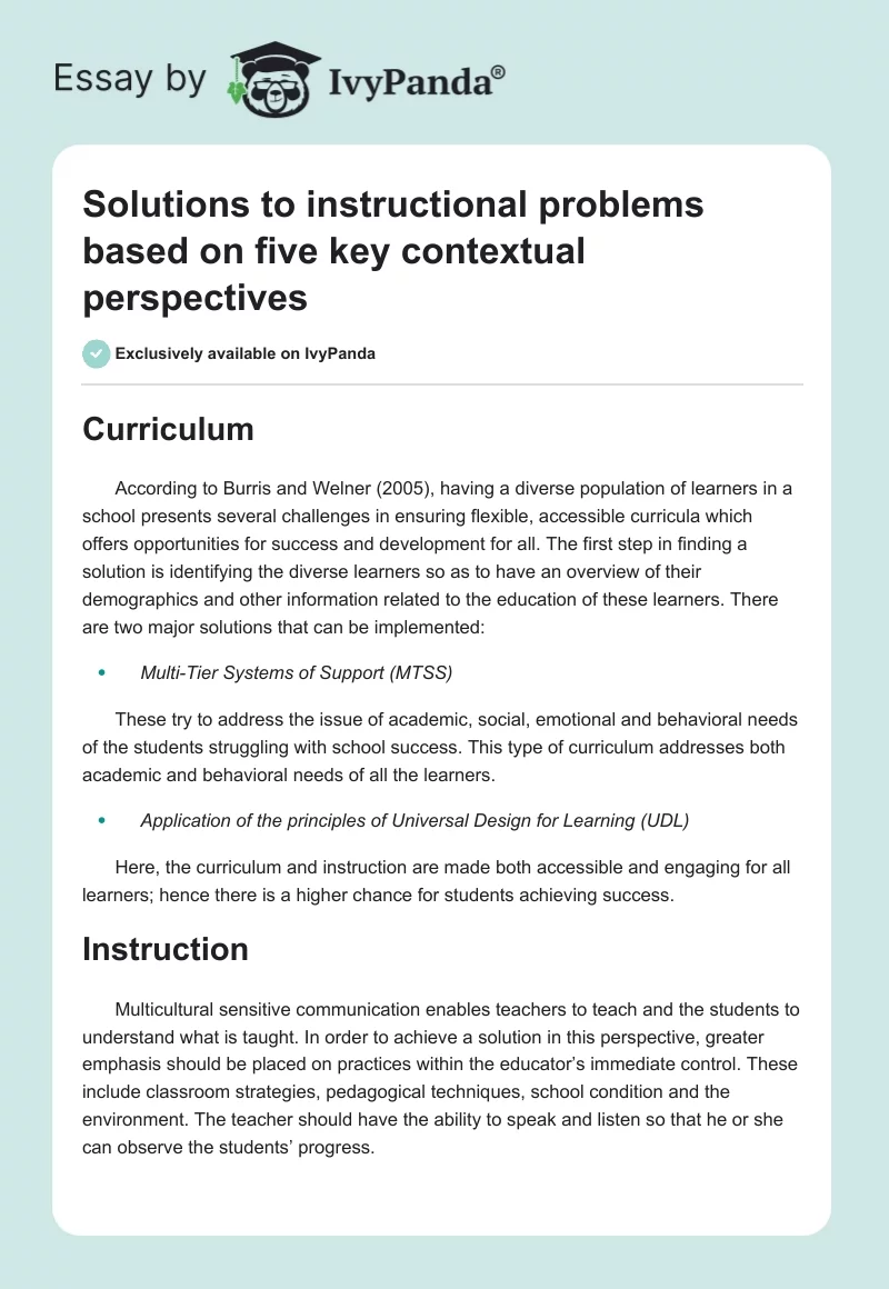 Solutions to instructional problems based on five key contextual perspectives. Page 1