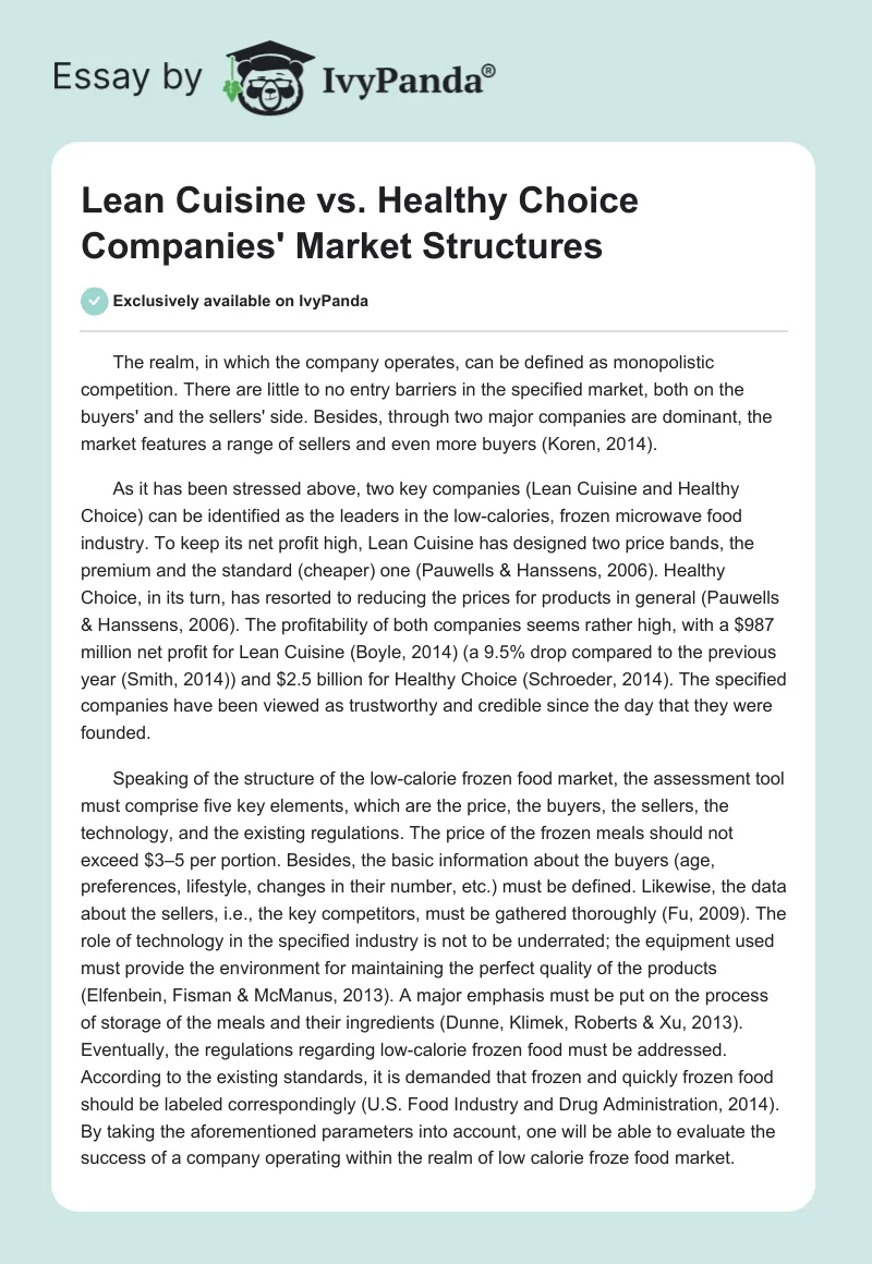 Lean Cuisine vs. Healthy Choice Companies' Market Structures. Page 1