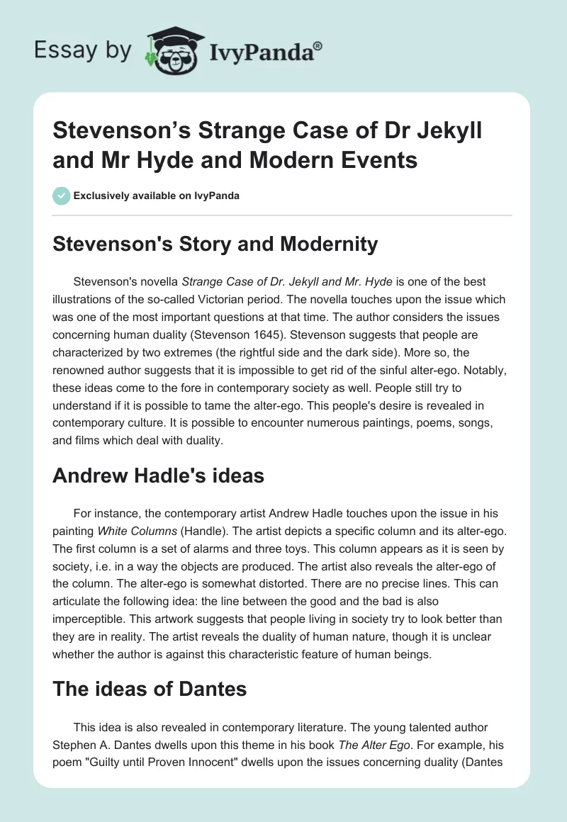 Stevenson’s "Strange Case of Dr Jekyll and Mr Hyde" and Modern Events. Page 1