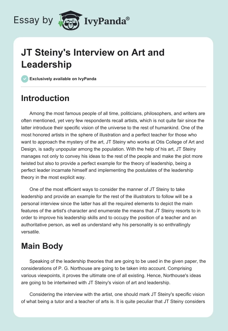 JT Steiny's Interview on Art and Leadership. Page 1