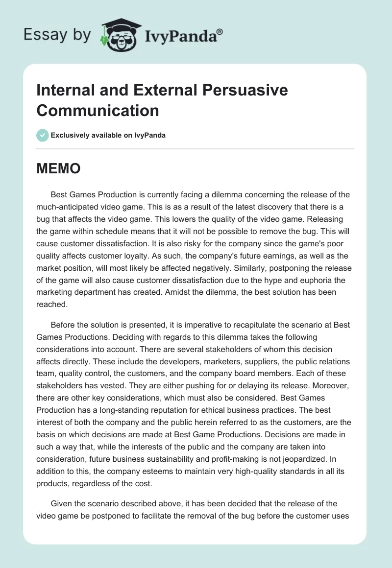 Internal and External Persuasive Communication. Page 1