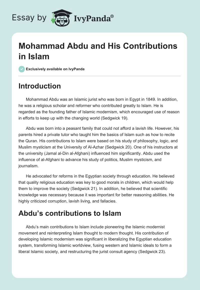 Mohammad Abdu and His Contributions in Islam. Page 1