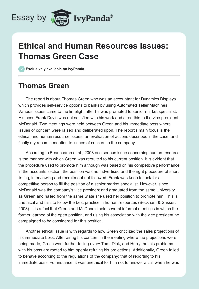 Ethical and Human Resources Issues: Thomas Green Case. Page 1