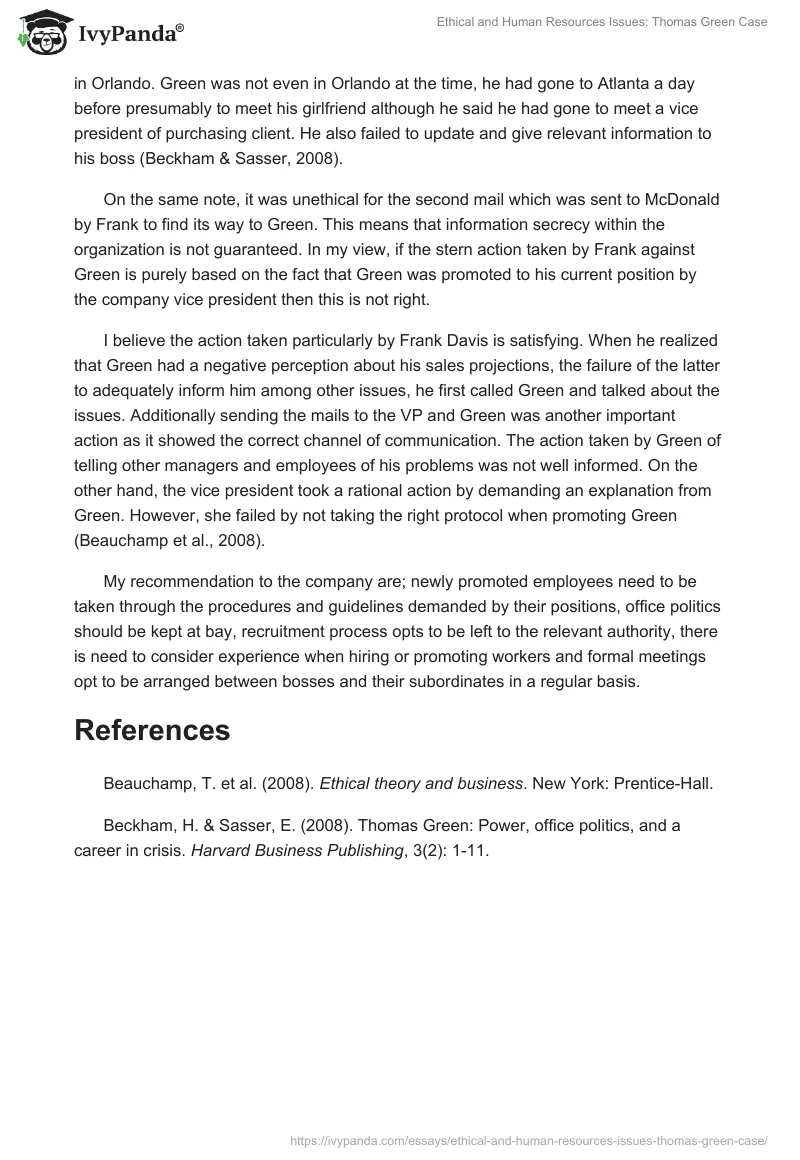 Ethical and Human Resources Issues: Thomas Green Case. Page 2