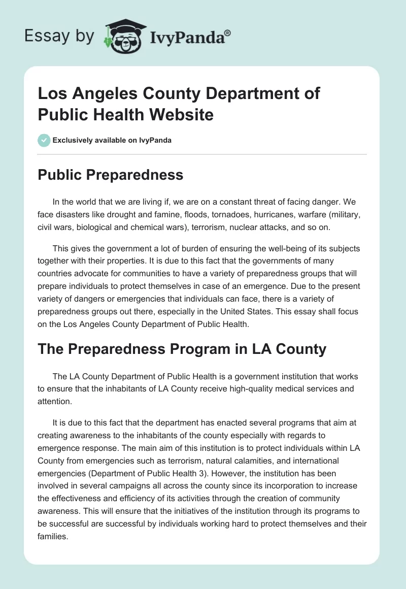 Los Angeles County Department of Public Health Website. Page 1