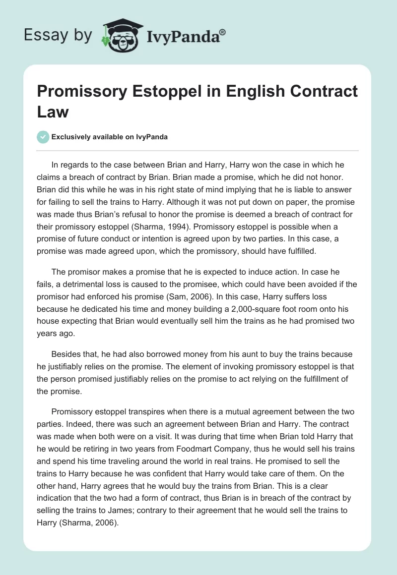 Promissory Estoppel in English Contract Law. Page 1