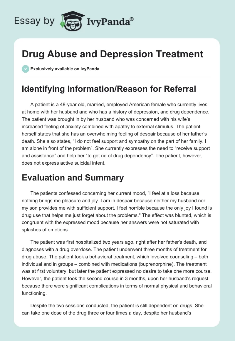 Drug Abuse and Depression Treatment. Page 1