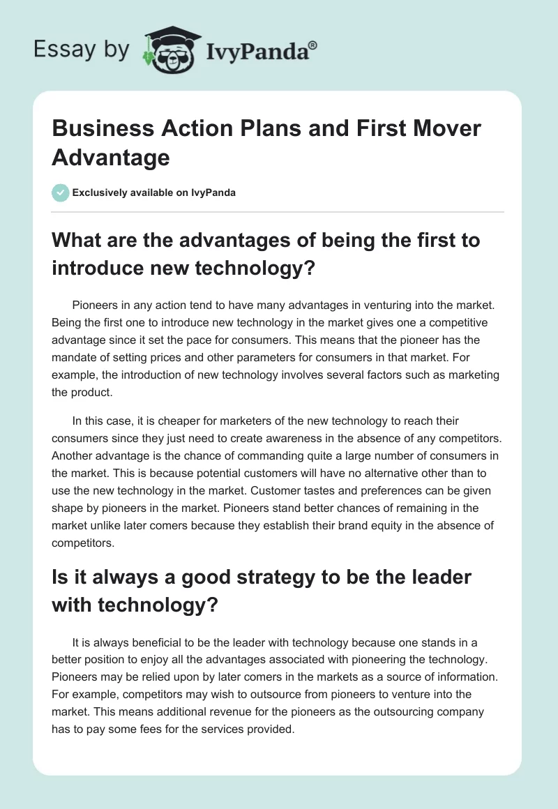 Business Action Plans and First Mover Advantage. Page 1