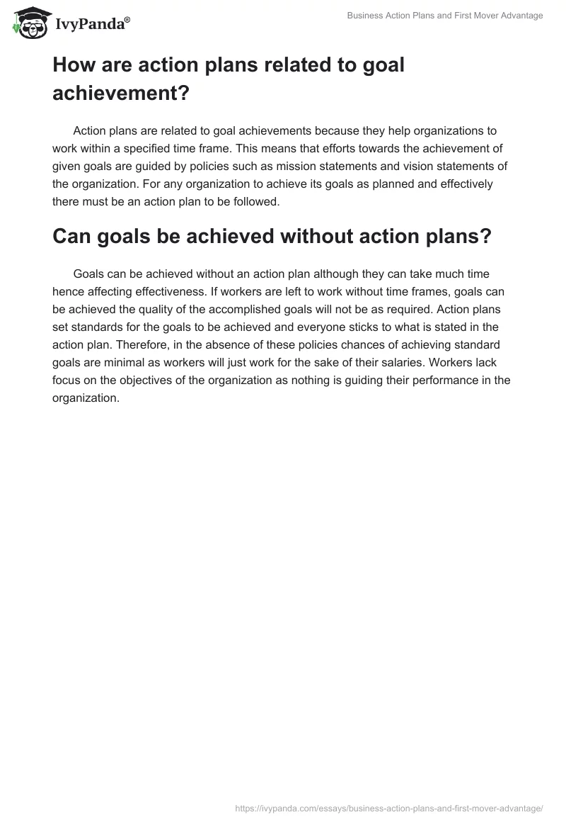 Business Action Plans and First Mover Advantage. Page 2
