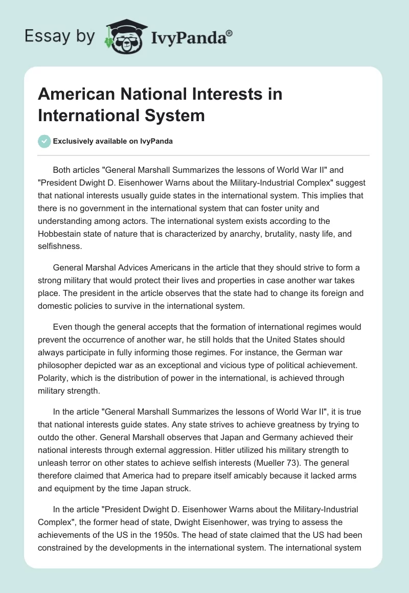 American National Interests in International System. Page 1