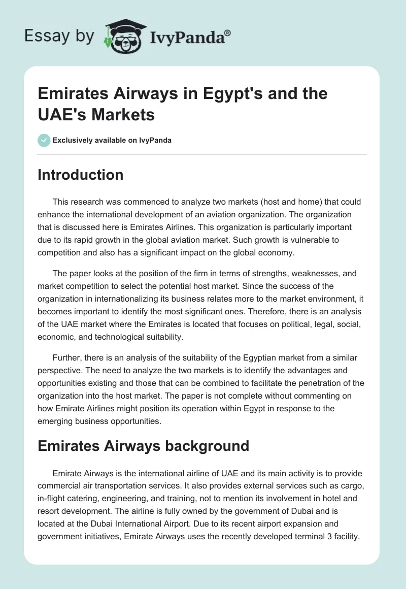 Emirates Airways in Egypt's and the UAE's Markets. Page 1