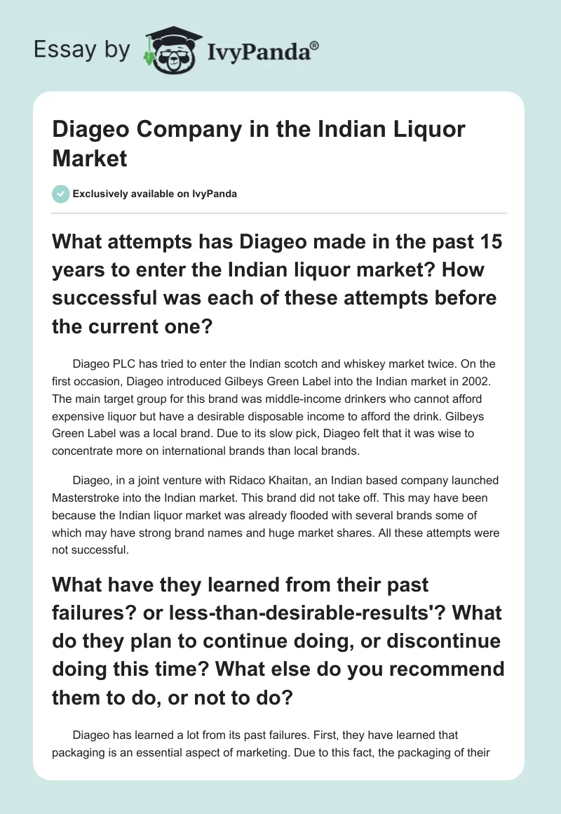 Diageo Company in the Indian Liquor Market. Page 1
