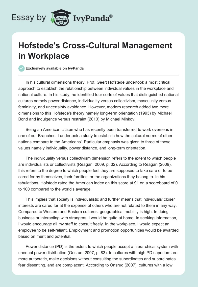 Hofstede's Cross-Cultural Management in Workplace. Page 1