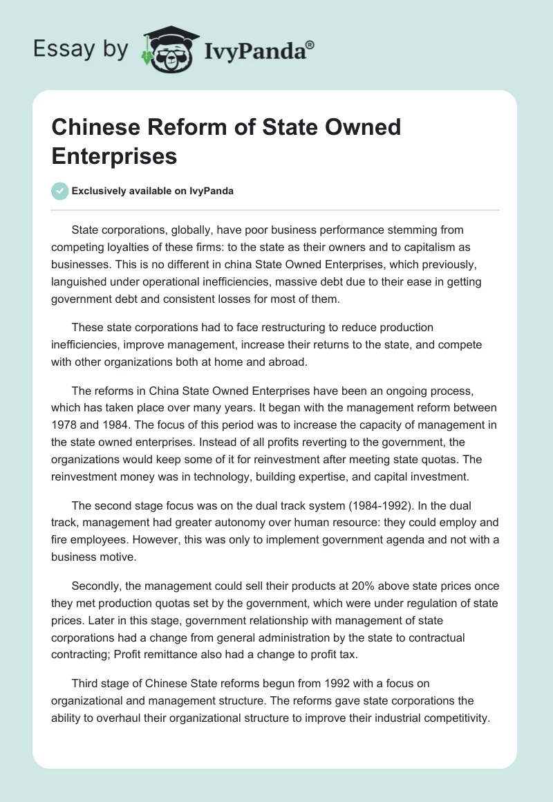 Chinese Reform of State Owned Enterprises. Page 1