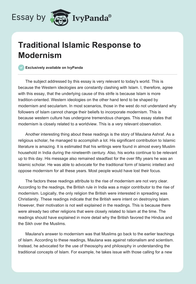 Traditional Islamic Response to Modernism. Page 1