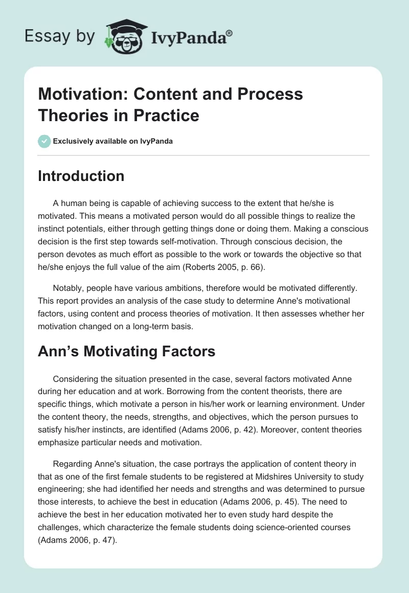 Motivation: Content and Process Theories in Practice. Page 1