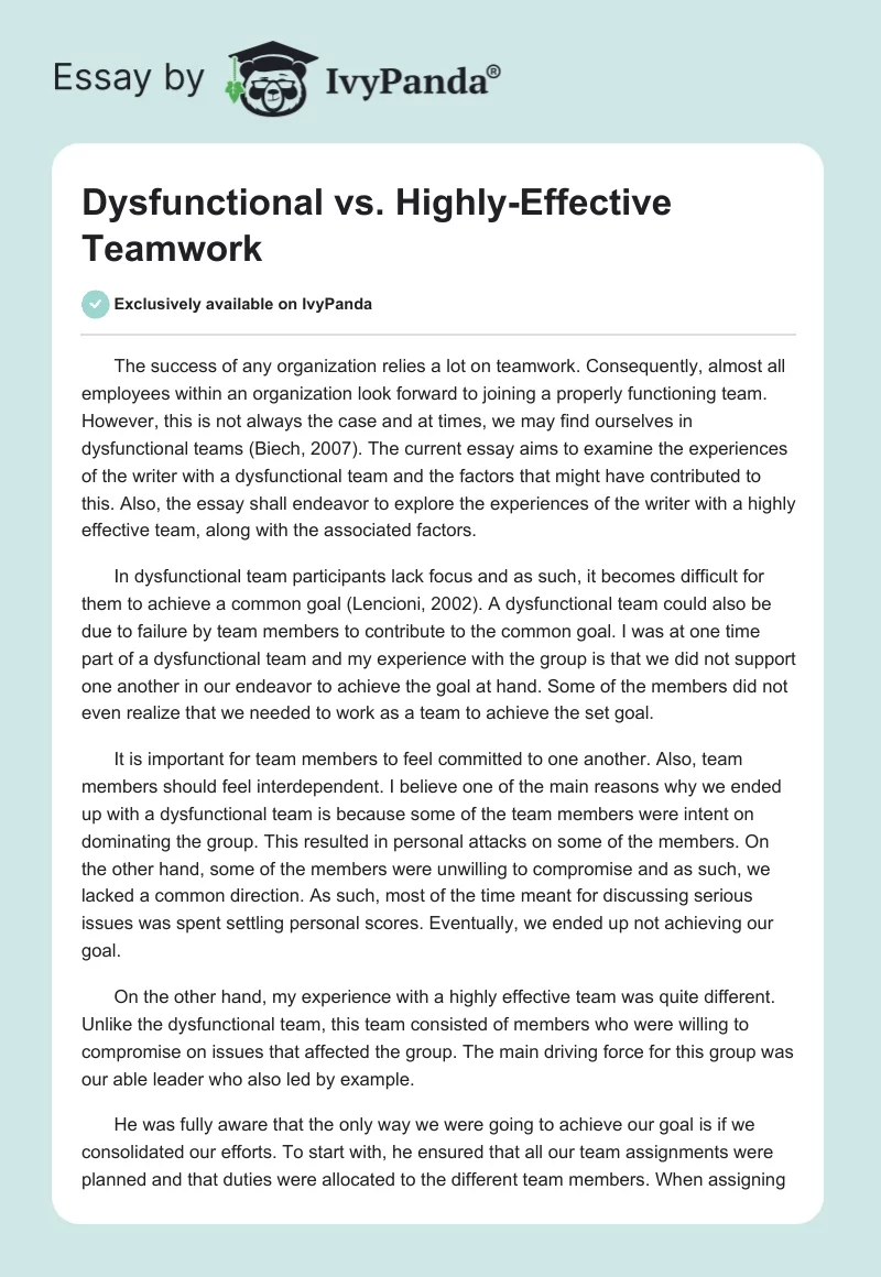 Dysfunctional vs. Highly-Effective Teamwork. Page 1